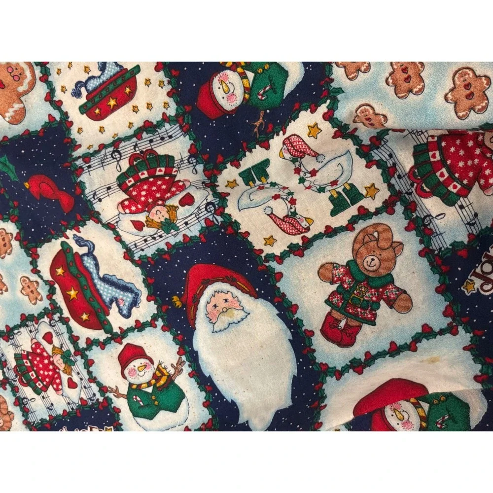 Vintage Christmas Unbranded Round Tablecloth 82 Inch Navy Blue Santa Snowman